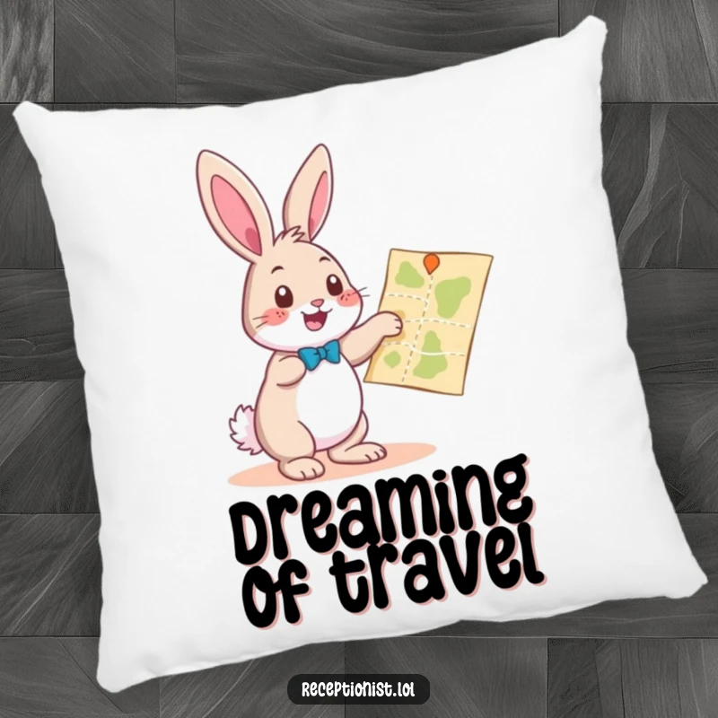 Funny playful bunny pointing towards a map with a helpful gesture, soft decorative pillow, humorous accent for couch or bed.