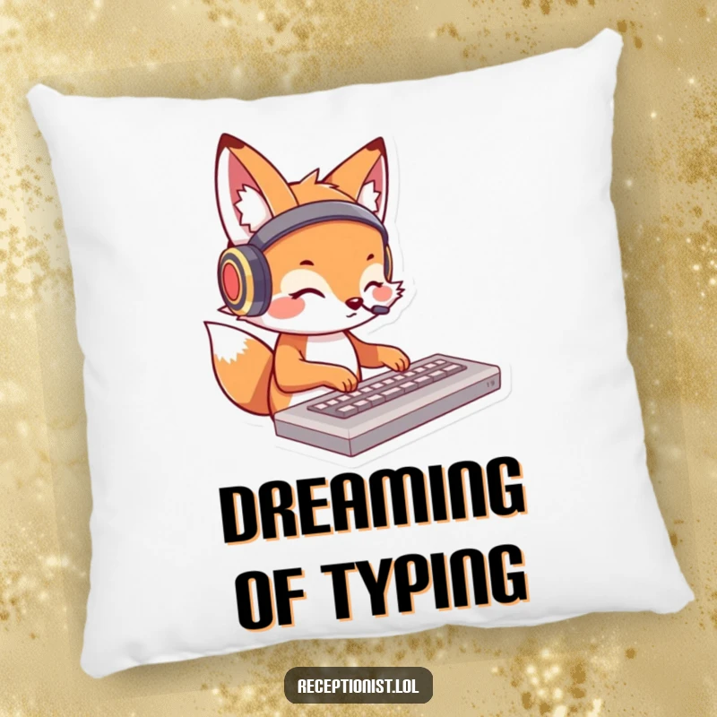 Funny fox pillow featuring a charming cartoon fox wearing headphones and typing on a keyboard; soft and humorous home decor.