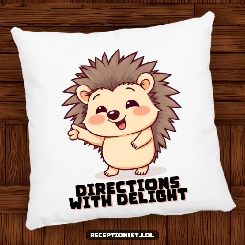 Funny pillow with a fluffy, giggling hedgehog character offering a welcoming gesture, adding comfort and humor to any room.