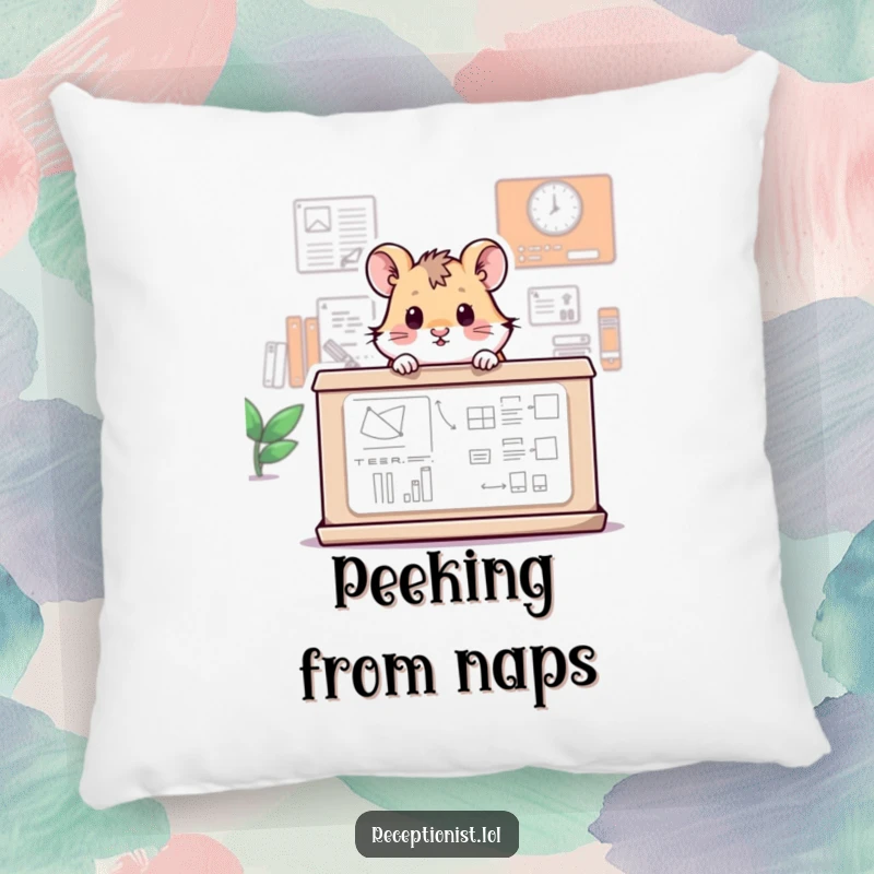 Funny pillow showcasing a tiny hamster peeking over a large information desk, offering comfort and a humorous decorative element.