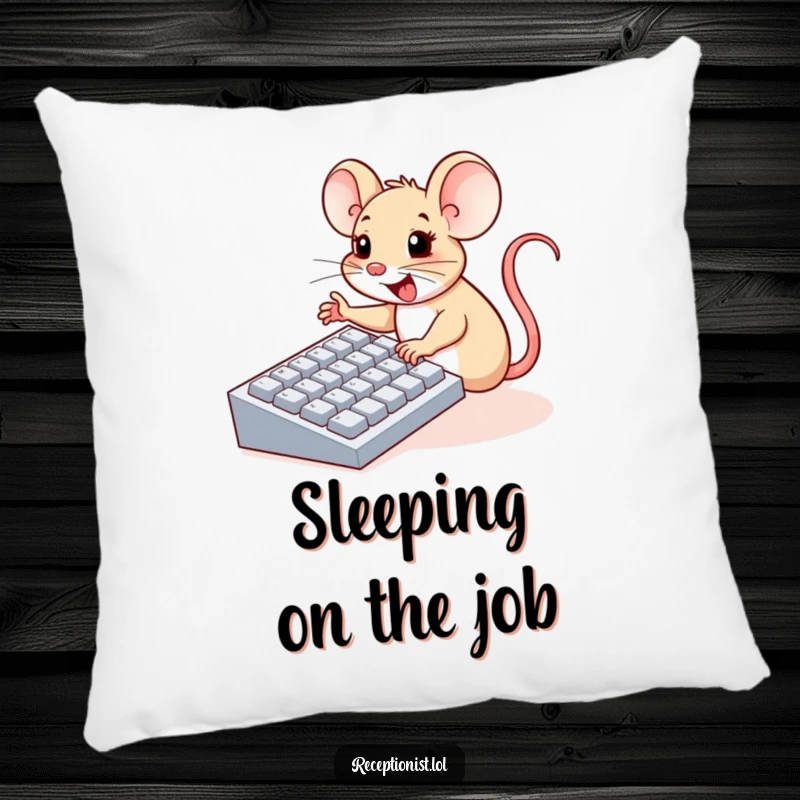 Funny pillow of a cheerful mouse enthusiastically pressing large computer keyboard buttons with tiny paws, humorous decor.