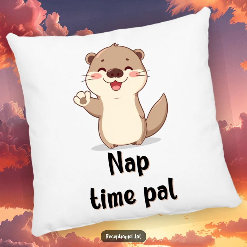 Funny Otter Hug Pillow featuring a cute otter waving hello with a bright, friendly expression, offering humorous and cozy comfort.