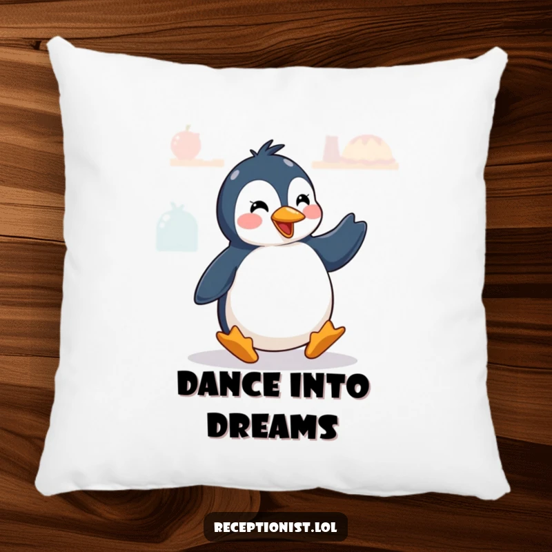 Funny penguin doing a greeting dance, designed for a soft and humorous pillow.