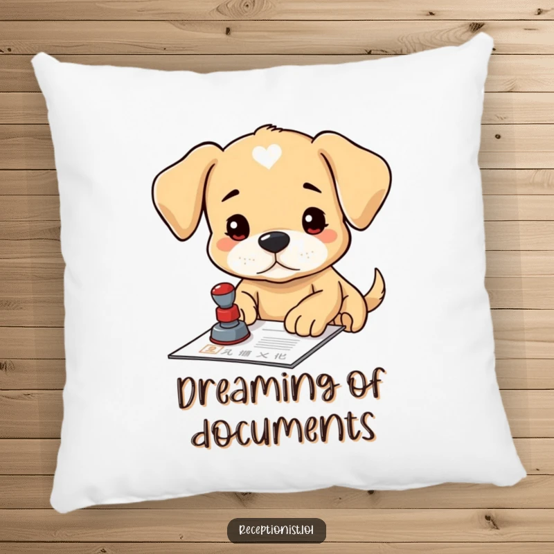 Funny puppy stamp pillow, focused on stamping a document, cute and determined, perfect for adding charm to any room.