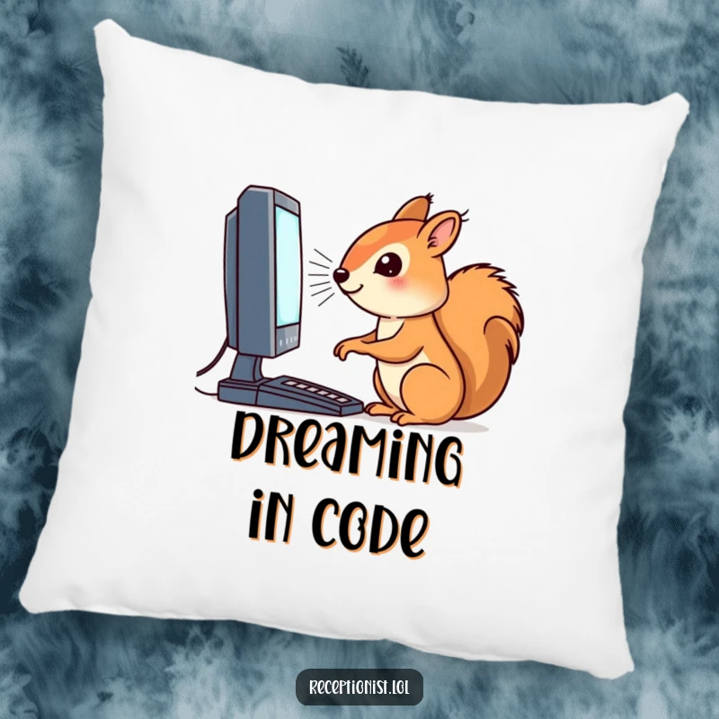 Funny accent pillow with a dedicated squirrel character working on a computer, providing comfort and tech-themed humor.