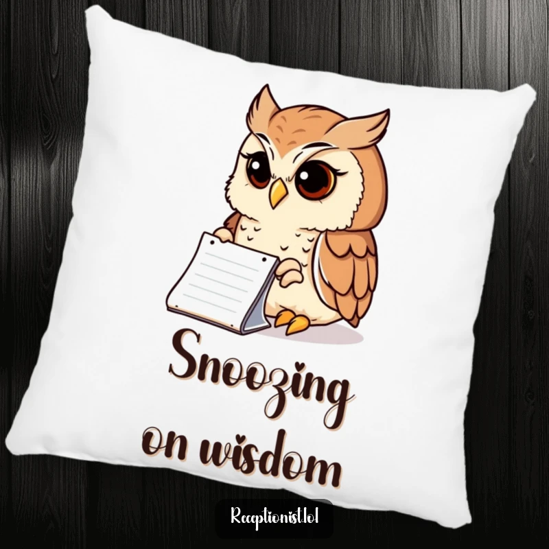 Funny Pillow with a wise owl peering intently at a notepad with a serene expression, comfortable and humorous home decor.