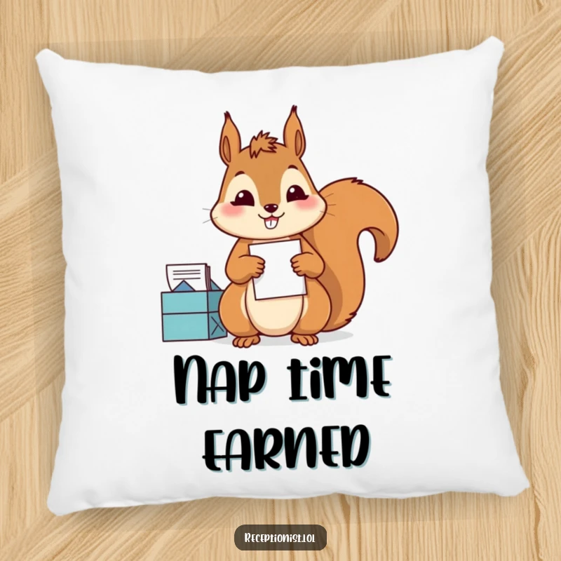 Funny Pillow with a diligent squirrel sorting mail with precision and a satisfied grin, comfortable and humorous home decor.