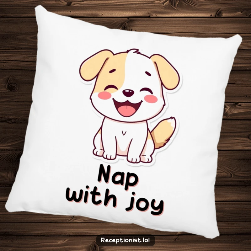 Funny Dog Greeting Pillow featuring a cute dog with a wagging tail and wide smile, embodying excitement.