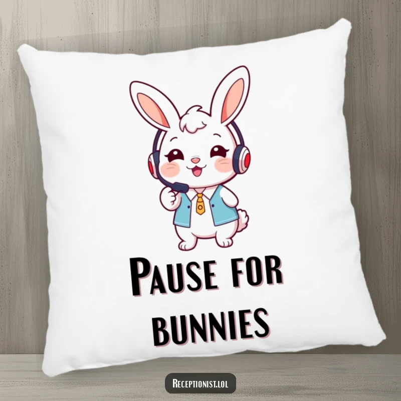 Funny cute bunny receptionist wearing a headset, smiling warmly and pointing forward on a pillow.