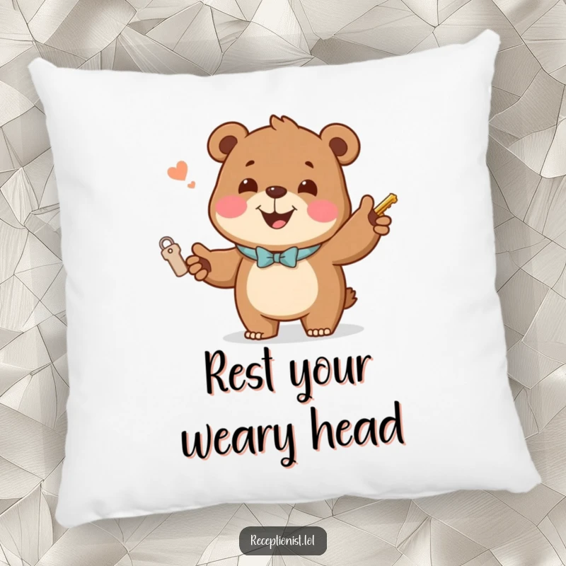 Funny Pillow with a jovial bear handing out room keys with a welcoming smile, comfortable and humorous home decor.