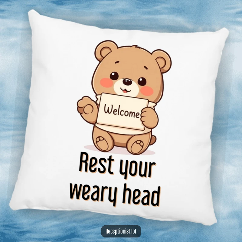 Funny smiling bear in a smock, offering a pamphlet, on a soft pillow, providing humorous comfort and a touch of gentle hospitality.