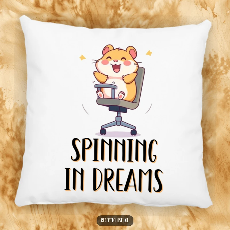 A plush, funny hamster pillow depicting a hamster spinning with glee in an office chair, offering comfort and humor.