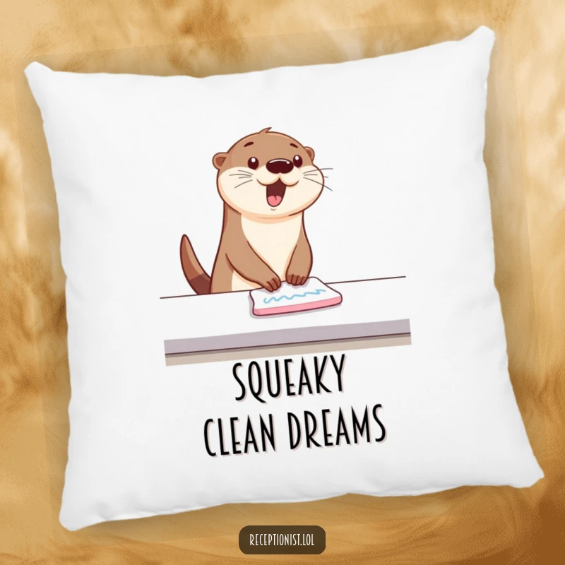 Funny Pillow with a bouncing otter wiping a counter with energetic, happy swipes, comfortable and humorous home decor.