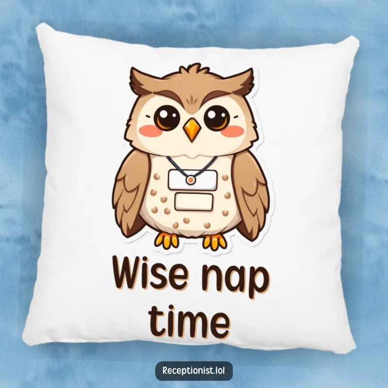 A soft, funny owl pillow depicting a proud, smiling owl with a name badge, offering comfort and humorous wisdom.