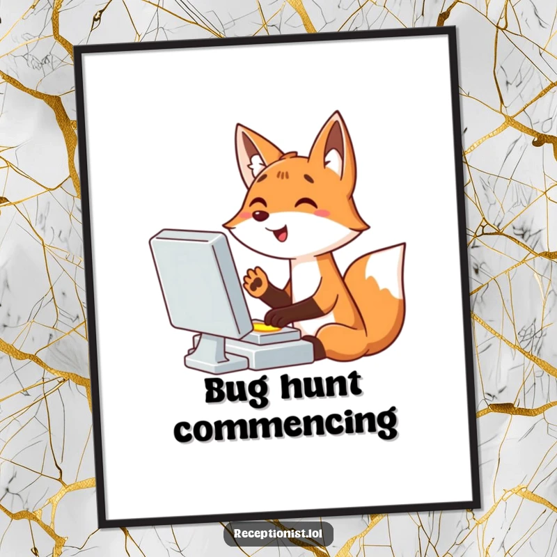 Funny cartoon fox typing enthusiastically at a computer, paw hovering over a bright button, high-resolution digital art print, humorous wall decor.