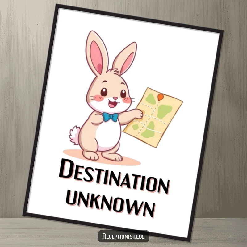 Funny playful bunny pointing towards a map with a helpful gesture, digital art print, humorous illustration for instant download.