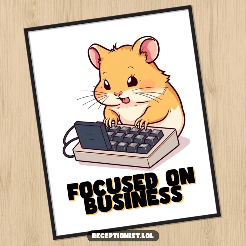 Funny determined hamster typing furiously on a miniature computer keyboard, digital art print, humorous illustration for instant download.