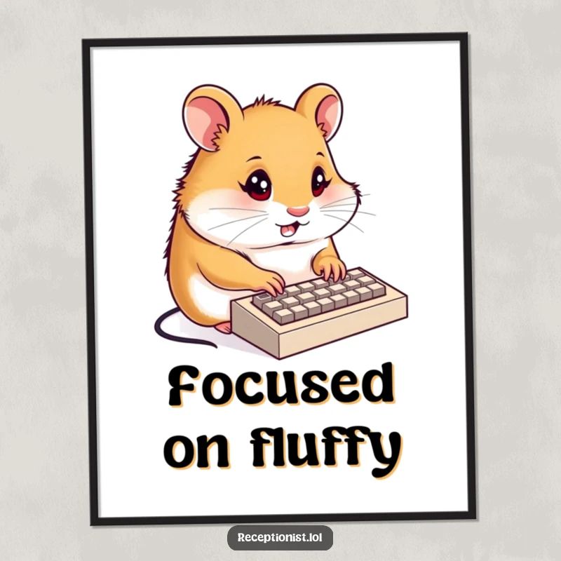 Funny hamster receptionist digital art print, a determined hamster typing on a tiny keyboard with focused energy, instant download, humorous illustration.