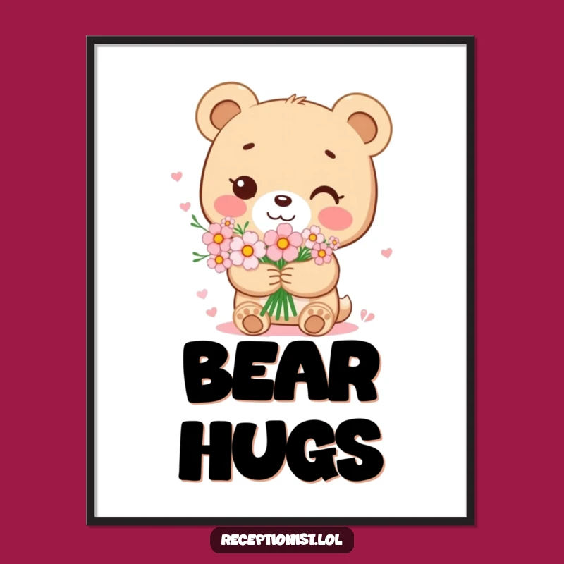 Funny Bear Cub Flower Bouquet Art Print: Sweet Wall Decor for Hearts