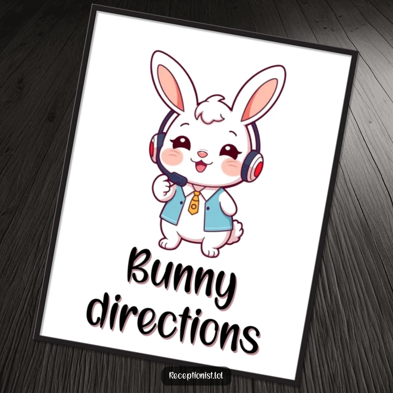 Funny cute bunny receptionist wearing a headset, smiling warmly and pointing forward on digital art.