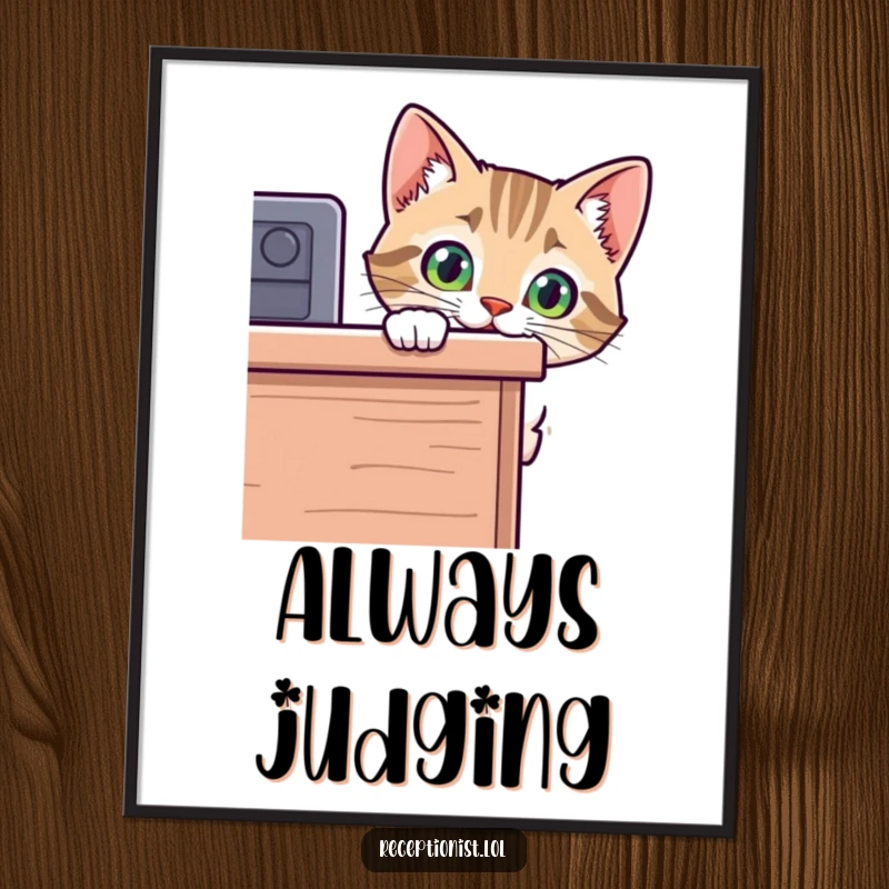 Funny cat digital art print of a curious kitten peeking around a desk, perfect for printable wall decor and humorous home accents.