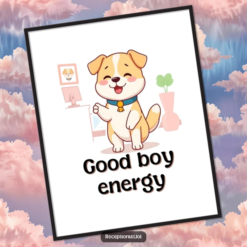 Funny dog receptionist digital art print, a happy dog wagging its tail, offering a comforting pat, instant download, humorous illustration.