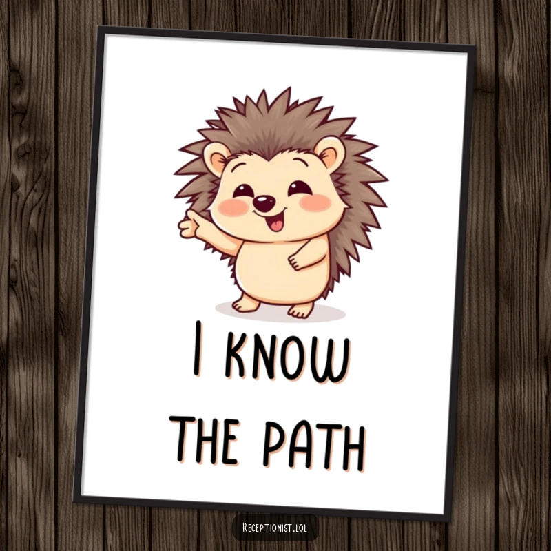 Funny digital art print of a giggling hedgehog character gesturing helpfully, providing instant humor and charm to any room.