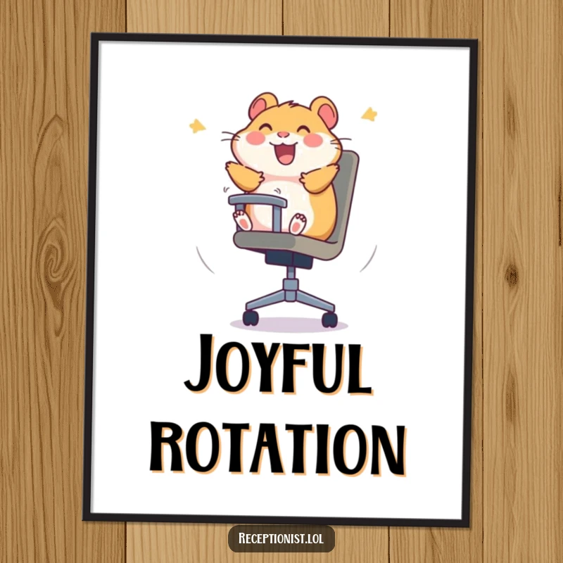 Funny hamster art print showing a hamster spinning with abandon in an office chair, radiating pure joy.