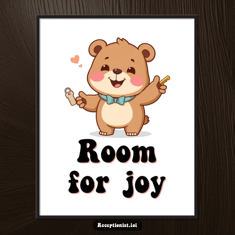 Funny Digital Art Print of a jovial bear handing out room keys with a welcoming smile, instant humorous decor for hotels.