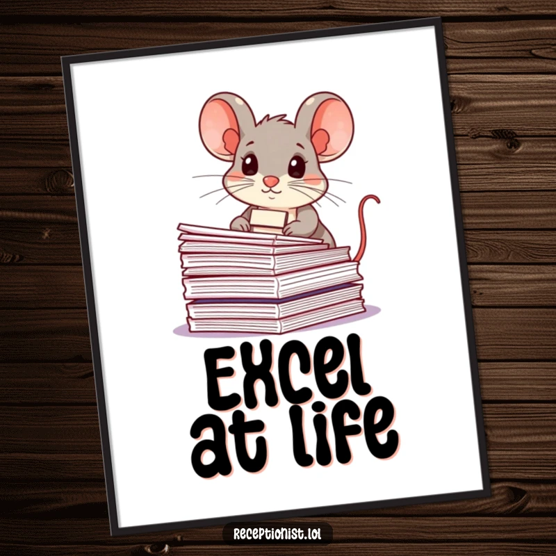 Funny mouse, name tag, organizing papers, as a digital art print, offering humorous motivation and office charm.