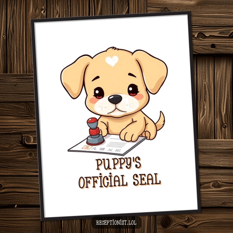 Funny puppy official digital art print, focused on stamping a document, ideal for printable wall art.