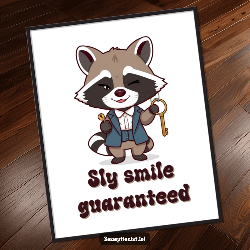 Funny raccoon receptionist digital art print, a winking raccoon discreetly passing a key with a sly smile, instant download, humorous illustration.
