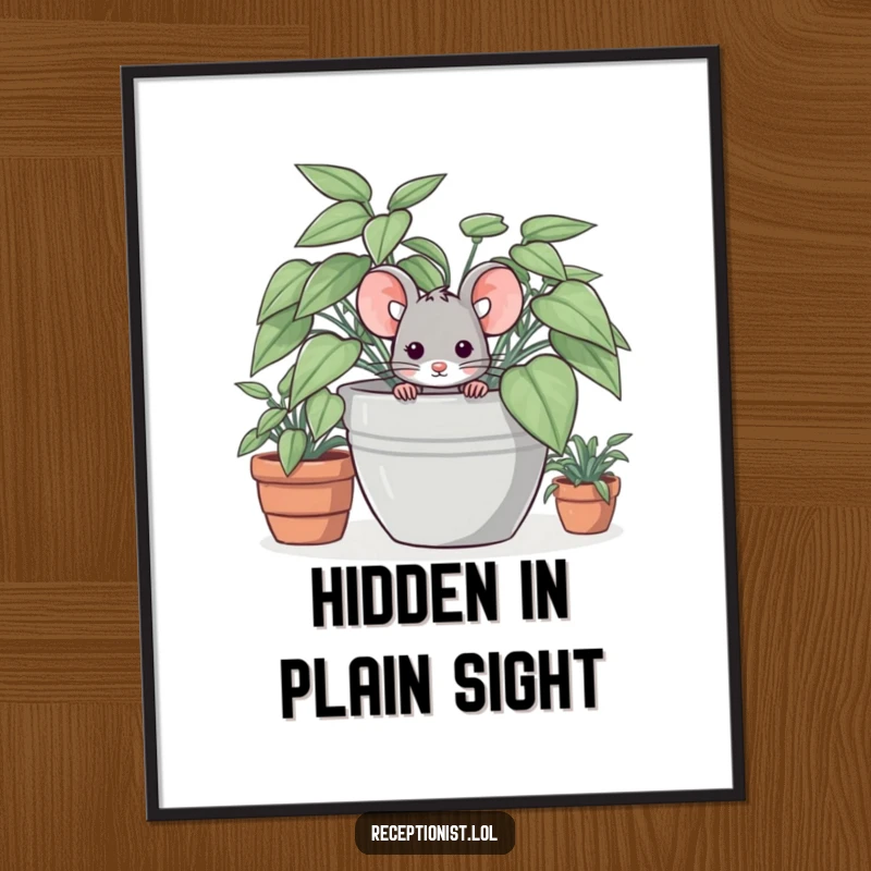 Funny digital art print of a shy mouse peeking from behind a potted plant, providing instant gentle humor and decor.