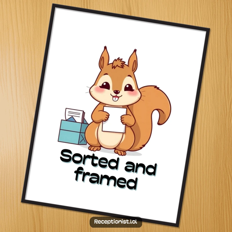 Funny Digital Art Print of a diligent squirrel sorting mail with precision and a satisfied grin, instant humorous decor for neat freaks.