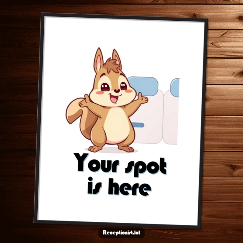 Funny squirrel digital art print, an energetic squirrel character enthusiastically waving to direct someone to a seat, bringing joy.