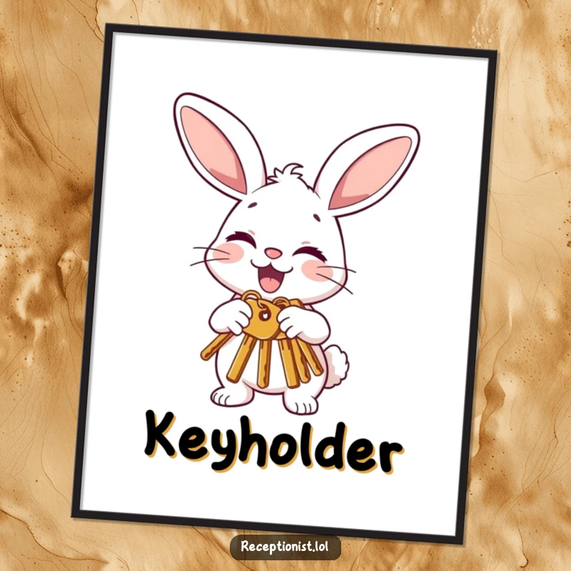 Funny bunny digital art print showing a joyful character politely offering keys with a nod and a wink, perfect for lucky and humorous wall decor.