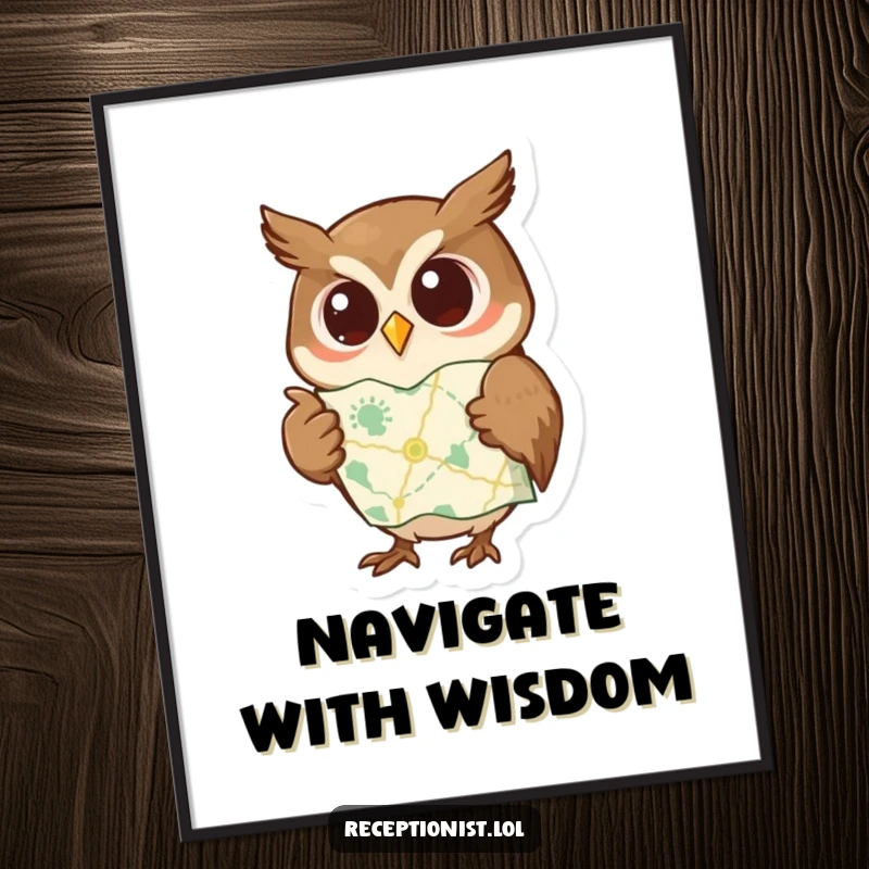 Funny digital art print of a curious owl pointing to a map with a wise expression, bringing educational and humorous decor to any wall.