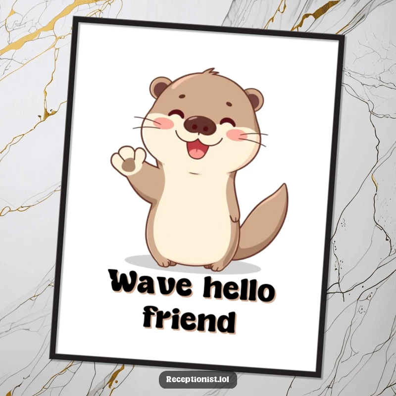 Funny Otter Greeting Digital Art Print showing a cute otter waving hello with a bright, friendly expression, perfect for humorous cheerful decor.