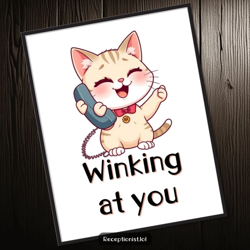 Funny giggling cat receptionist digital art print, instant download of a happy, winking cat answering the phone.