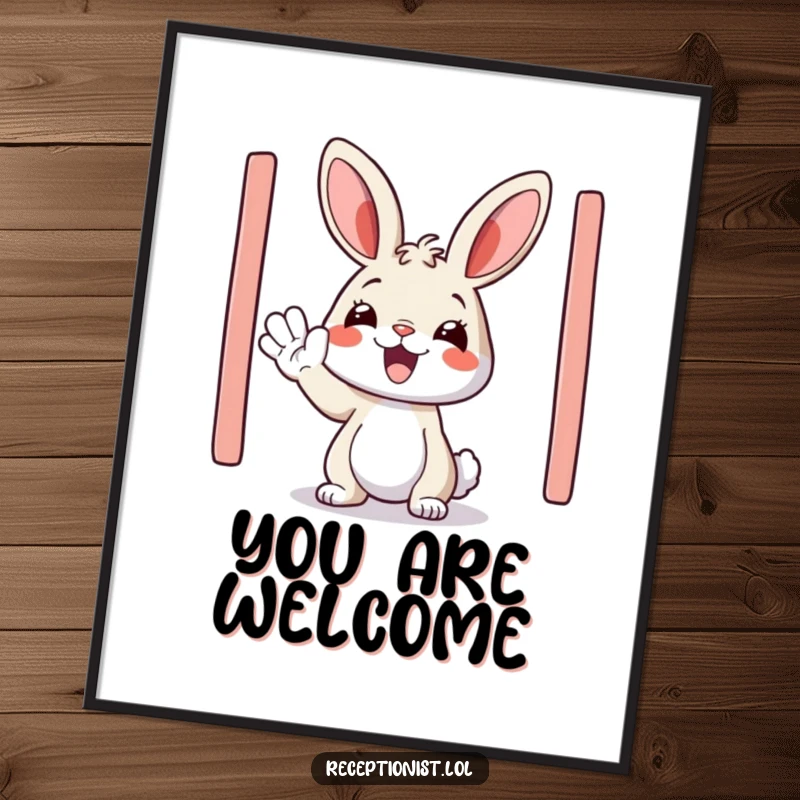 Funny digital art print of a happy bunny enthusiastically waving hello, perfect for instant, cheerful home decor.