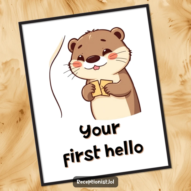 Funny otter winking and offering a welcome packet, available as high-resolution digital art.