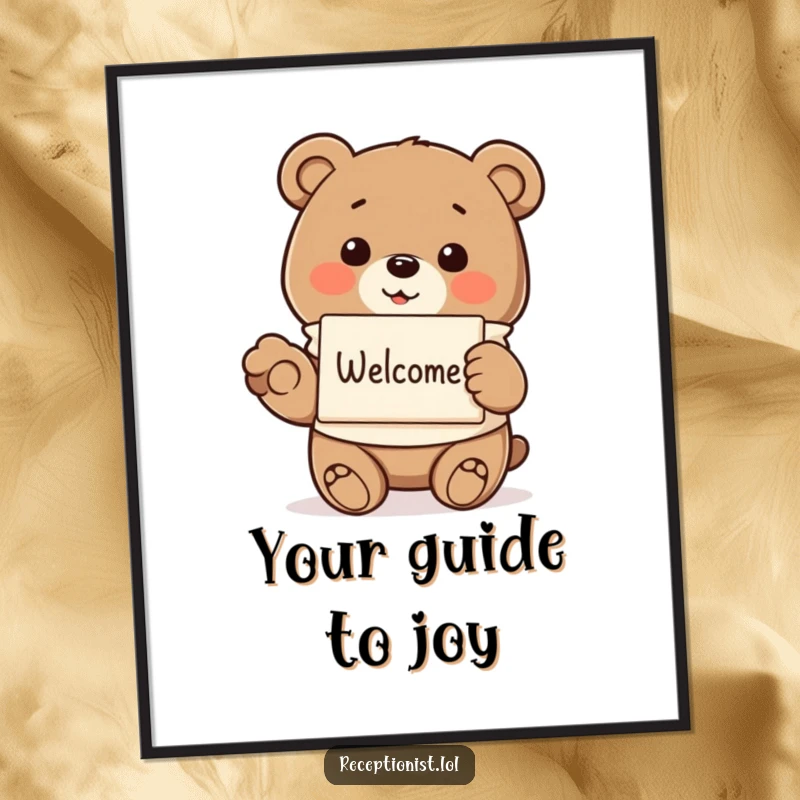Funny smiling bear, in a smock, offering a pamphlet, as a digital art print, offering humorous warmth and a friendly welcome.