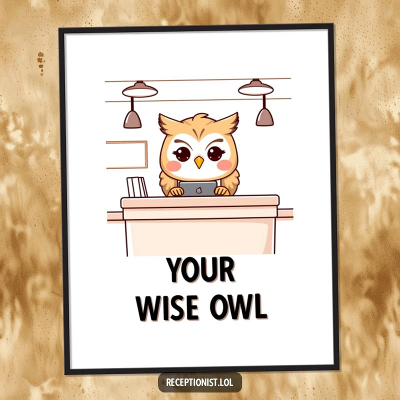 Funny owl receptionist digital art print, instant download of a wise, gentle owl peering over a counter.