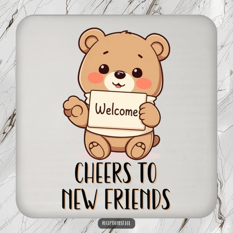 Funny smiling bear, offering a pamphlet, on a drink coaster, providing humorous surface protection with gentle warmth.