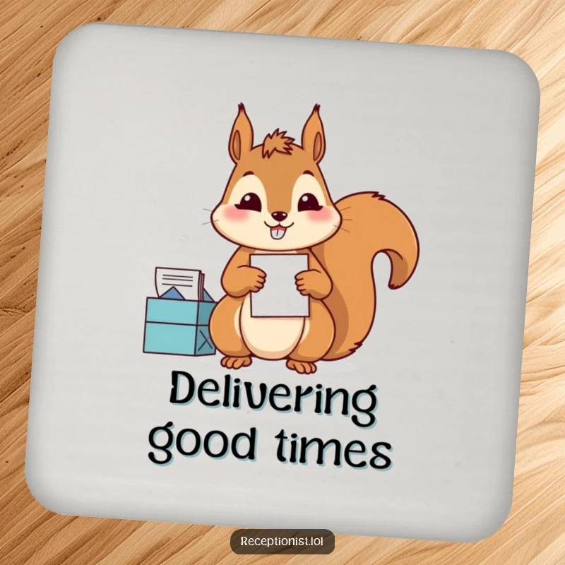 Funny Drink Coasters showcasing a diligent squirrel sorting mail with precision and a satisfied grin, humorous coasters for organized homes.