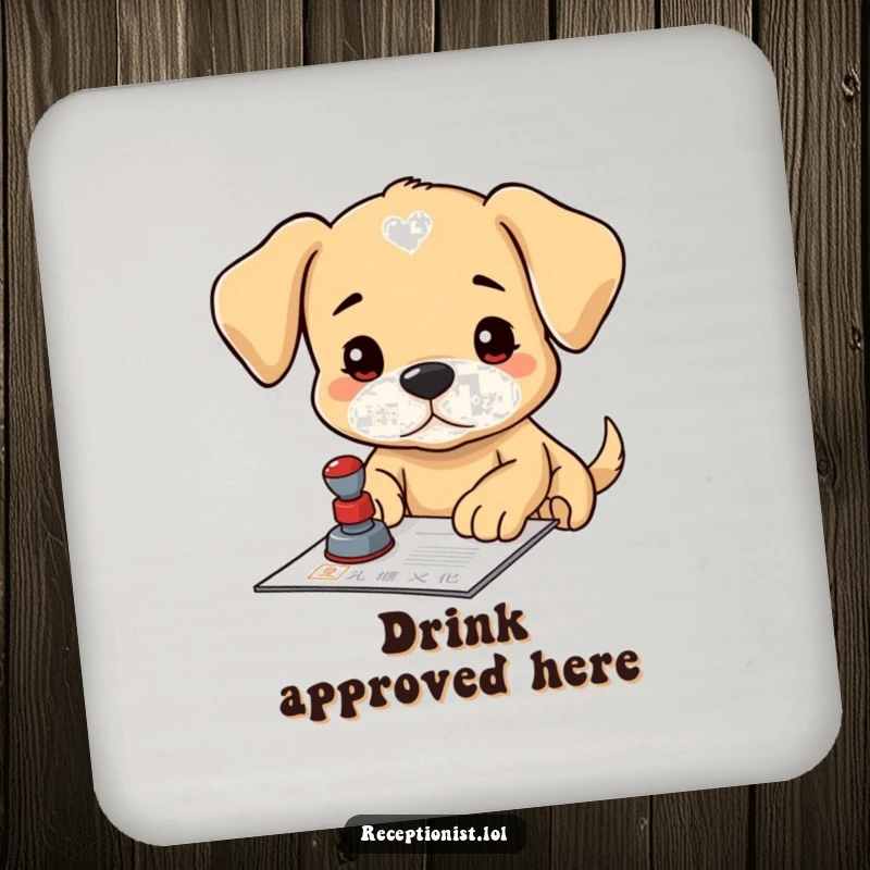Funny puppy stamp coaster, focused on stamping a document, adding official charm to coffee tables.