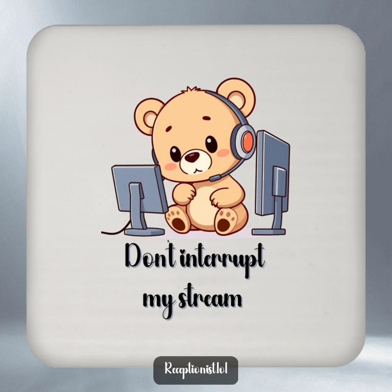 Funny bear cub with headset and computer, designed as a humorous coaster for drink protection.