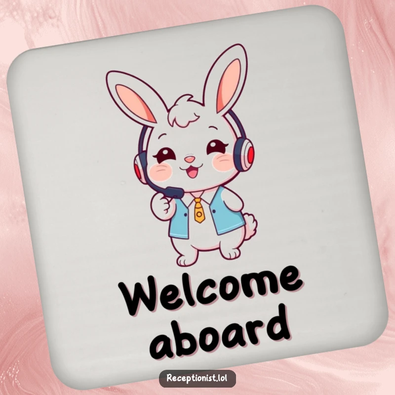 Funny cute bunny receptionist wearing a headset, smiling warmly and pointing forward on a drink coaster.