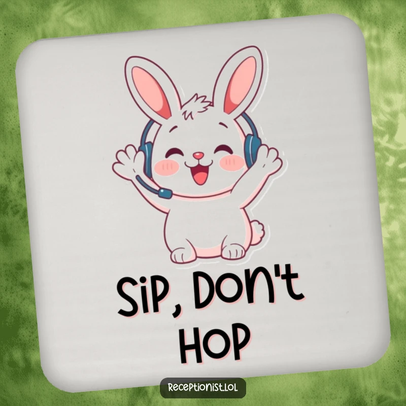 Funny bunny welcome coaster, headset on, waving hello to guests, adding a cheerful touch to coffee tables.
