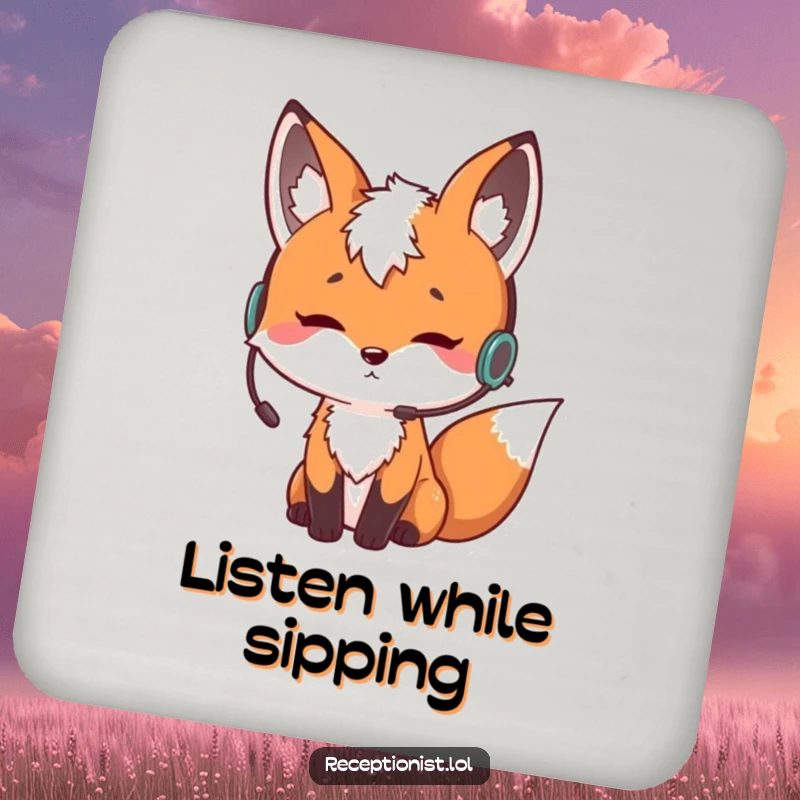 Funny curious fox wearing an earpiece and nodding thoughtfully, absorbent drink coaster, humorous table protection accessory.